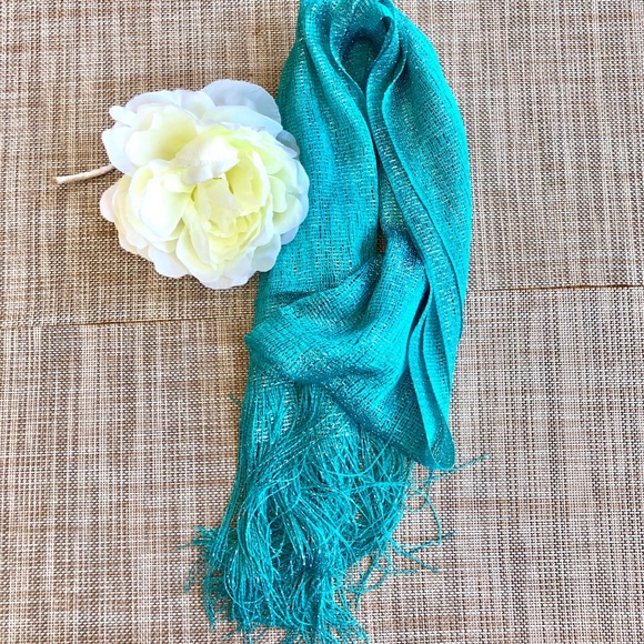 Teal & Silver Sparkle fringe scarf - Picture 1 of 4